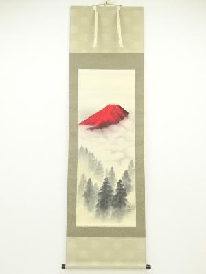 JAPANESE HANGING SCROLL / HAND PAINTED / RED Mt. FUJI WITH LANDSCAPE 